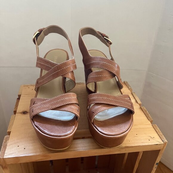 Stuart Weitzman Size 8.5 Brown Leather Strappy Slingback Wedge Heel Sandals - Picture 5 of 16